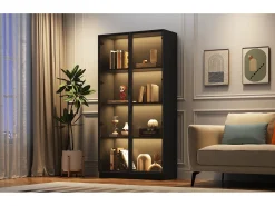 Vitrine de vidro - 80 x 40 x 160 cm - com LEDs + 2 portas de armazenamento com prateleiras móveis - aglomerado - preto
