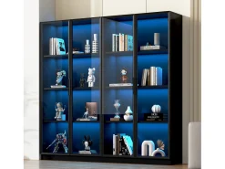 Vitrine de vidro - 160 x 40 x 160 cm - com LEDs - Armazenamento de 4 portas com prateleiras móveis - aglomerado - preto