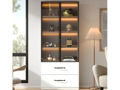 Vitrine de vidro - 60 x 40 x 160 cm - com LEDs + 3 gavetas + portas de vidro temperado - aglomerado - branca