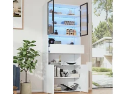 Vitrine de vidro - 70 x 30 x 200 cm - com 1 gaveta + 2 portas de vidro + LEDs - aglomerado - branco