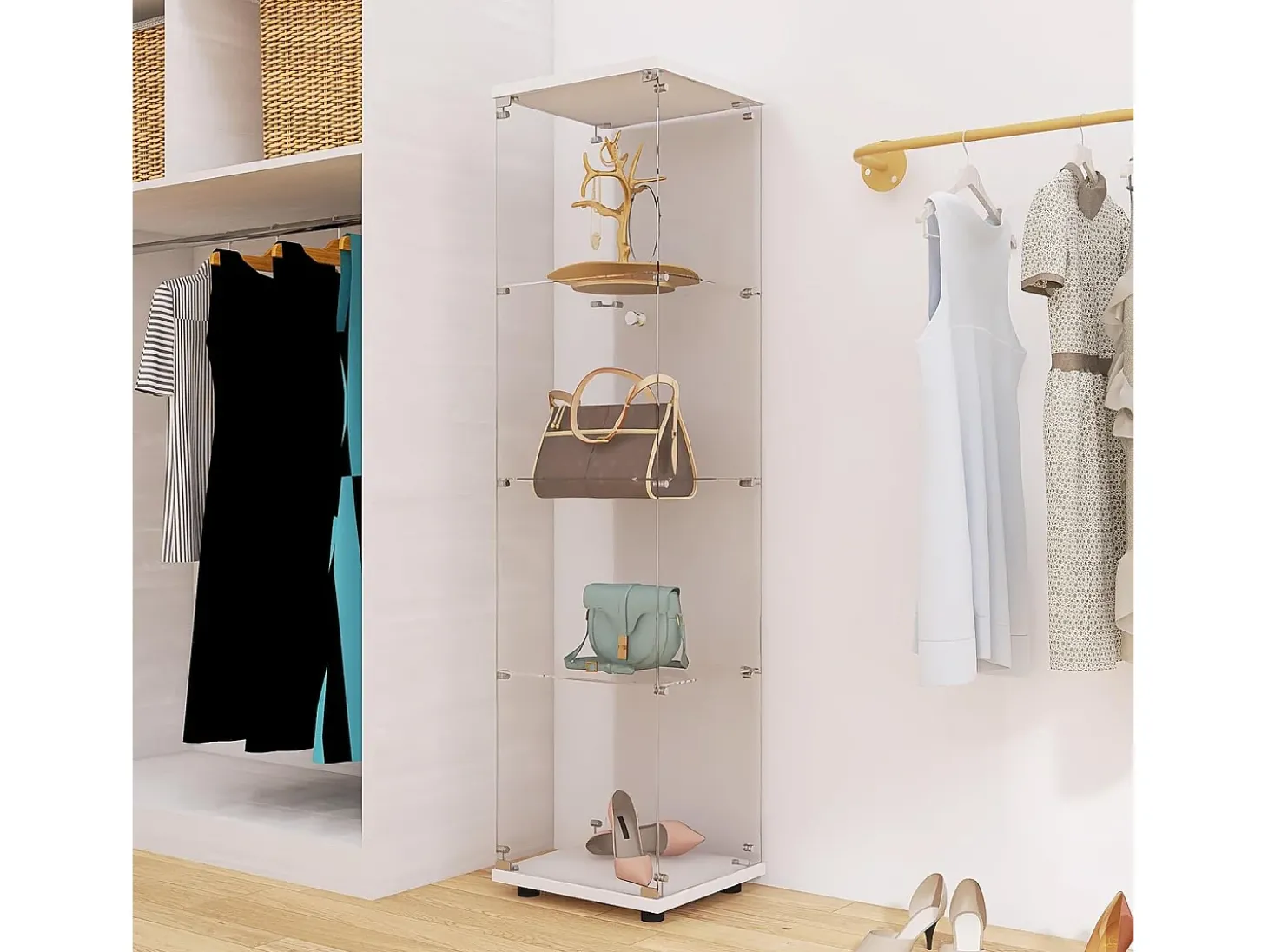 Vitrine de vidro 164 cm – 4 prateleiras, 1 porta com fechadura, Móvel de arrumação moderno, Branco