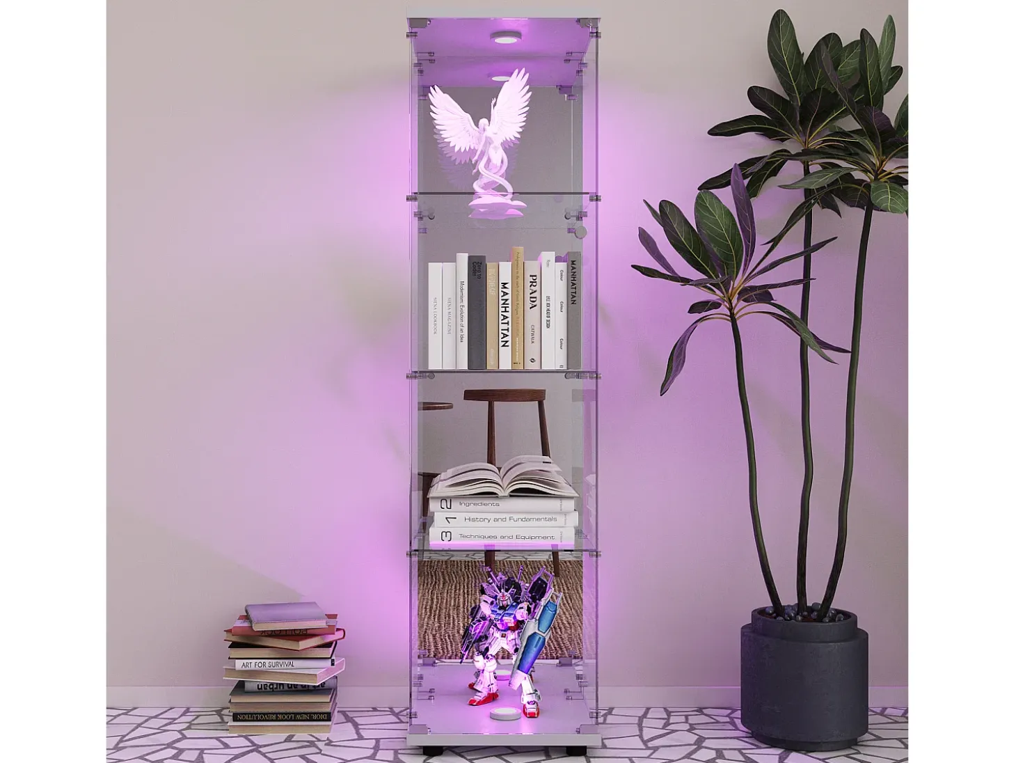 Vitrine de vidro com 1 porta e fechadura, para sala de estar, branca com luz e espelho, 164x42,5x36,5 cm