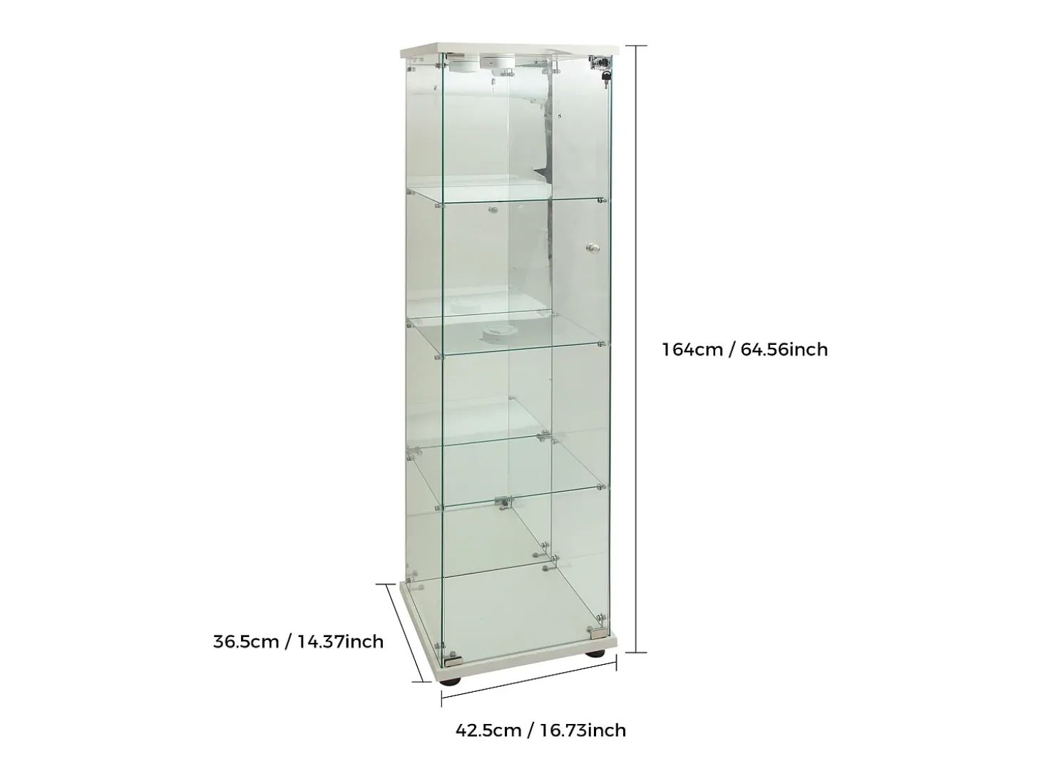 Vitrine de vidro com 1 porta e fechadura, para sala de estar, branca com luz e espelho, 164x42,5x36,5 cm