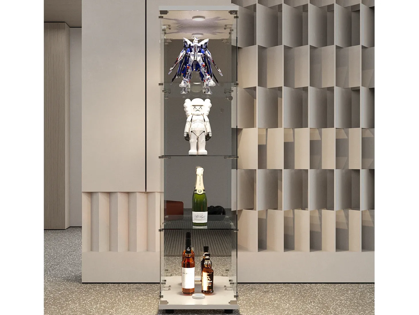 Vitrine de vidro com 1 porta e fechadura, para sala de estar, branca com luz e espelho, 164x42,5x36,5 cm