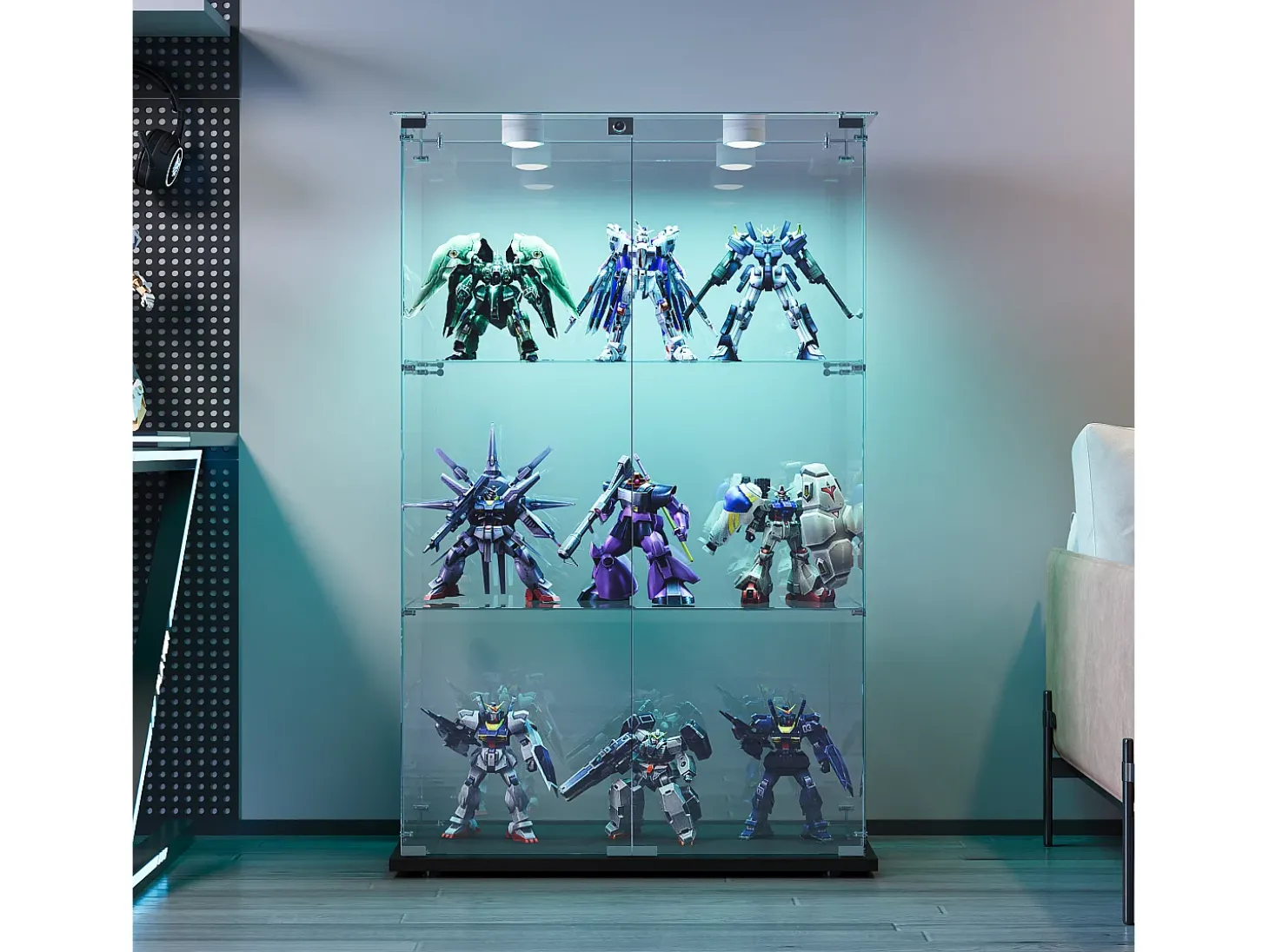 Vitrine de vidro com 4 prateleiras e portas duplas – Móveis elegantes para sala de estar