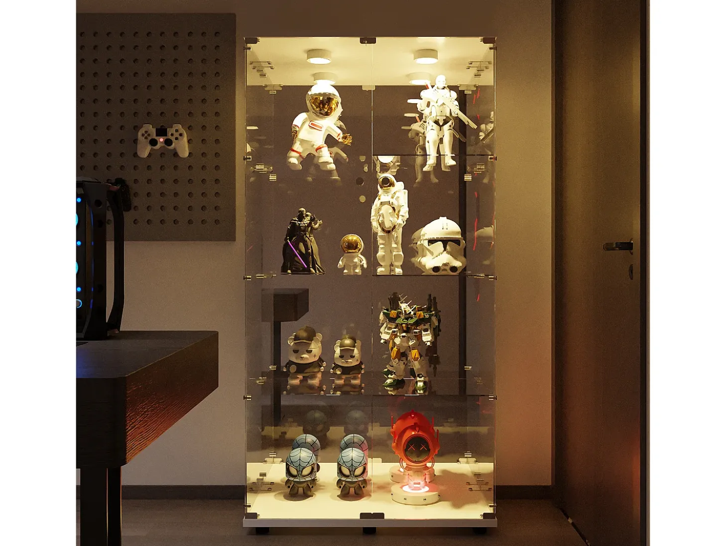 Vitrine de vidro com 4 prateleiras, vitrine de 2 portas com luz e fechadura, branca