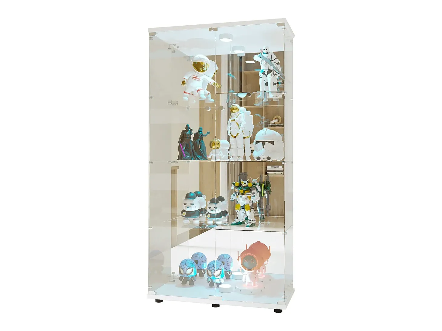 Vitrine de vidro com 4 prateleiras, vitrine de 2 portas com luz e fechadura, branca