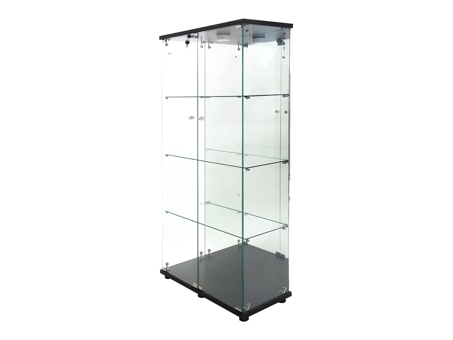 Vitrine de vidro com 4 prateleiras, vitrine de 2 portas com luz e fechadura, preta