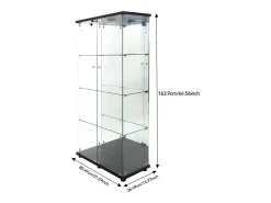Vitrine de vidro com 4 prateleiras, vitrine de 2 portas com luz e fechadura, preta