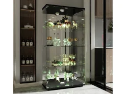 Vitrine de vidro com 4 prateleiras, vitrine de 2 portas com luz e fechadura, preta