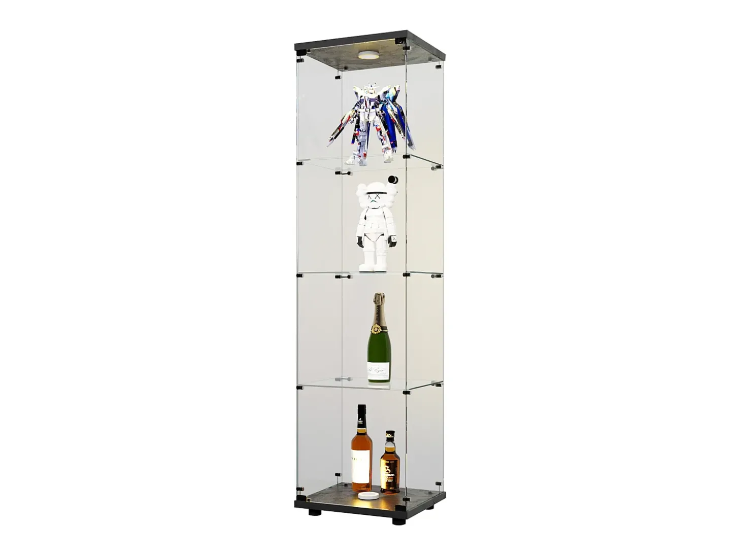 Vitrine de vidro com 4 prateleiras, LED, 1 porta, 164x42x36 cm, armário de coleta, preto, transparente