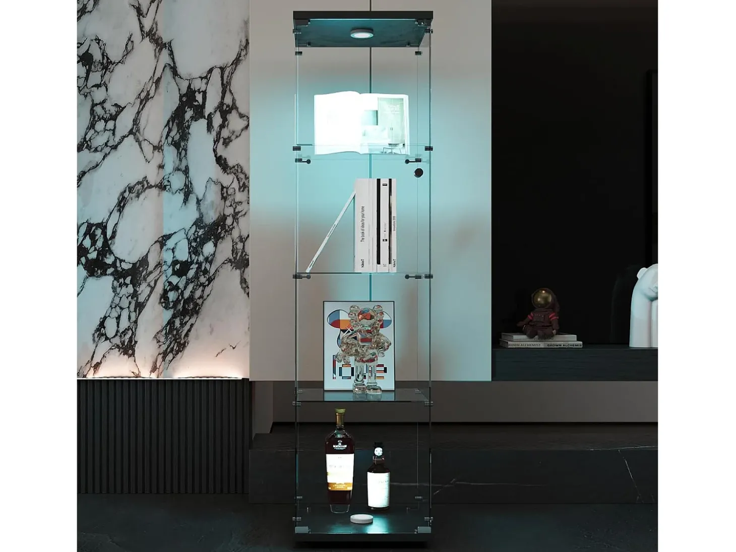 Vitrine de vidro com 4 prateleiras, LED, 1 porta, 164x42x36 cm, armário de coleta, preto, transparente