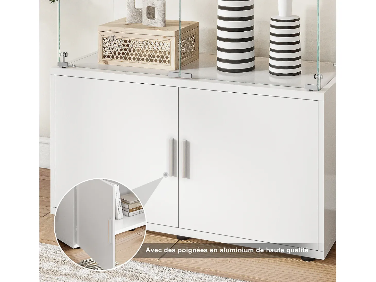 Vitrine de vidro com 3 prateleiras, armários e iluminação LED - Design moderno, Branco