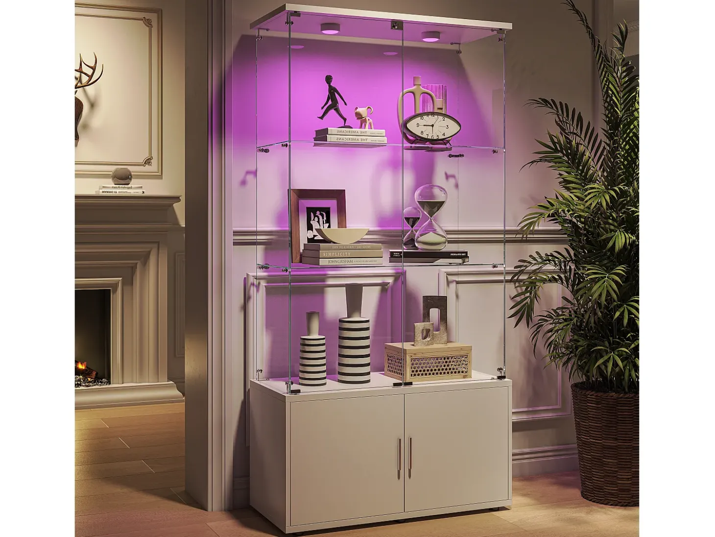 Vitrine de vidro com 3 prateleiras, armários e iluminação LED - Design moderno, Branco