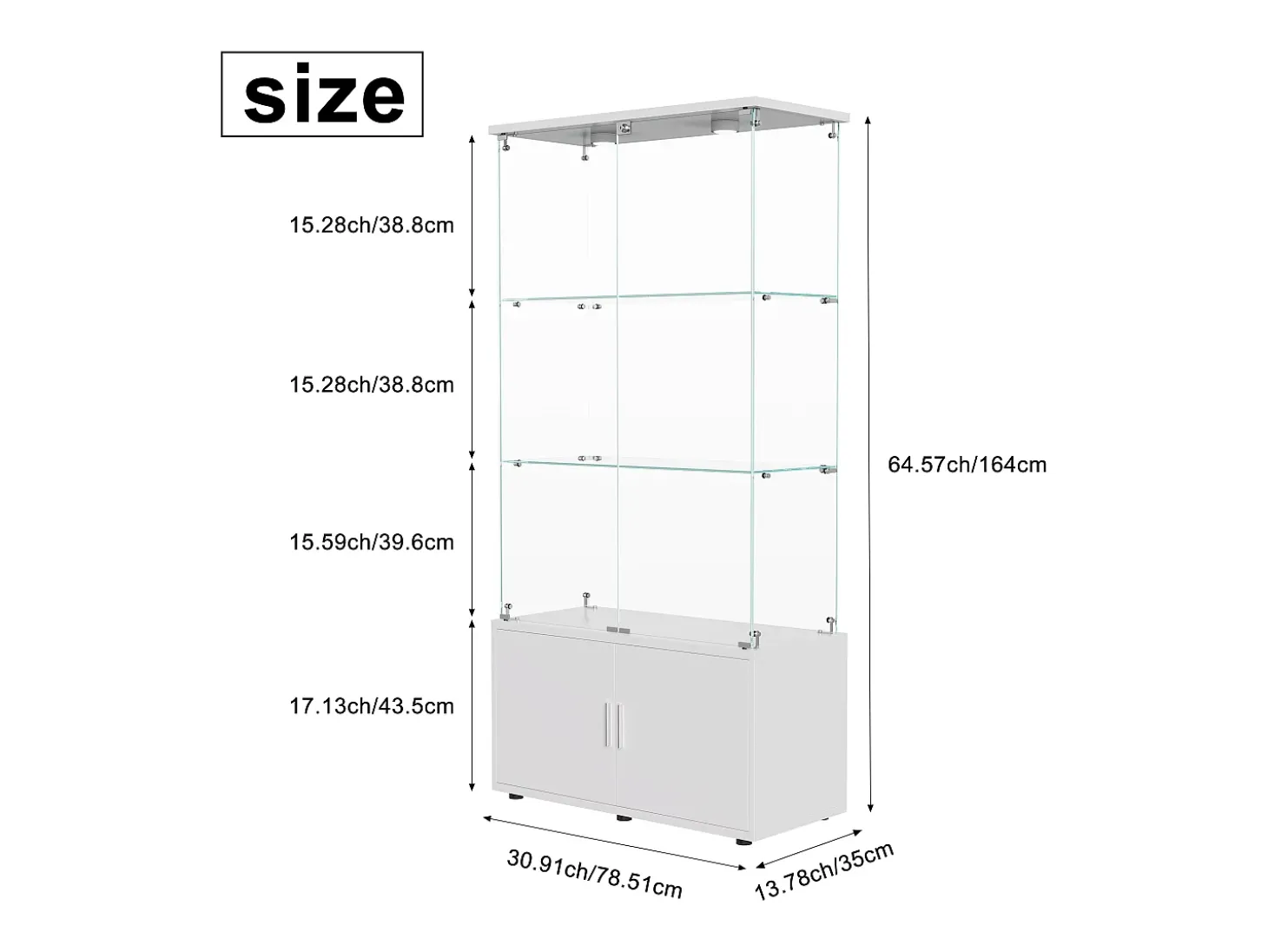 Vitrine de vidro com 3 prateleiras, armários e iluminação LED - Design moderno, Branco