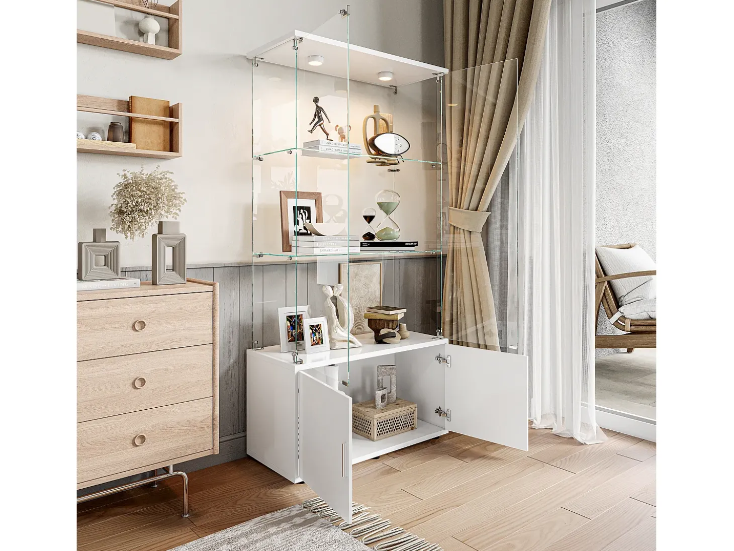 Vitrine de vidro com 3 prateleiras, armários e iluminação LED - Design moderno, Branco