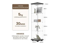 Vitrine de vidro com 4 prateleiras e 1 porta, 164x42x36 cm, armário de coleção, preto, transparente
