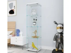 Vitrine de vidro com 4 prateleiras e 1 porta, 164x42,5x36,5 cm, armário de coleção, branco, transparente