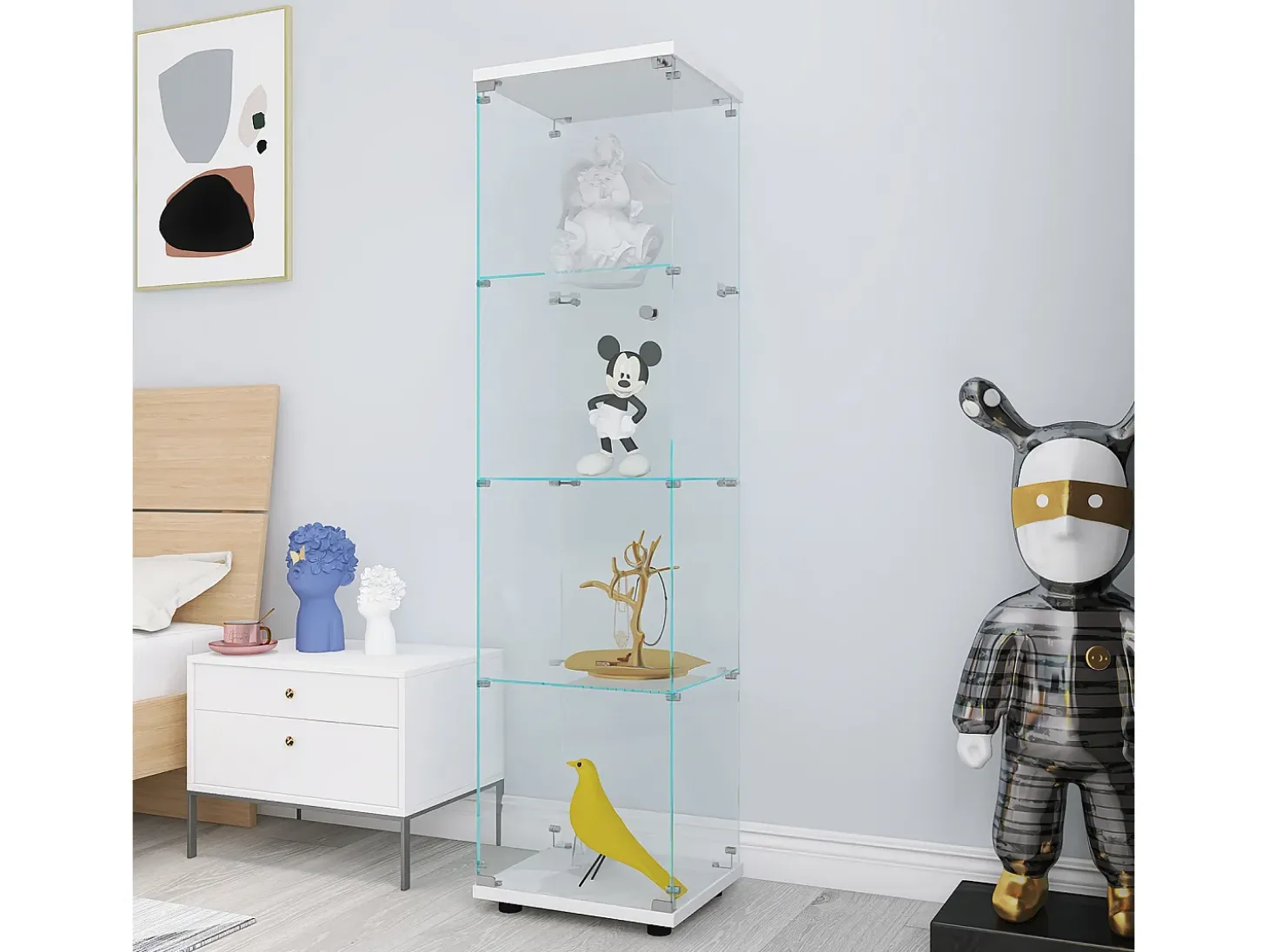 Vitrine de vidro com 4 prateleiras e 1 porta, 164x42,5x36,5 cm, armário de coleção, branco, transparente