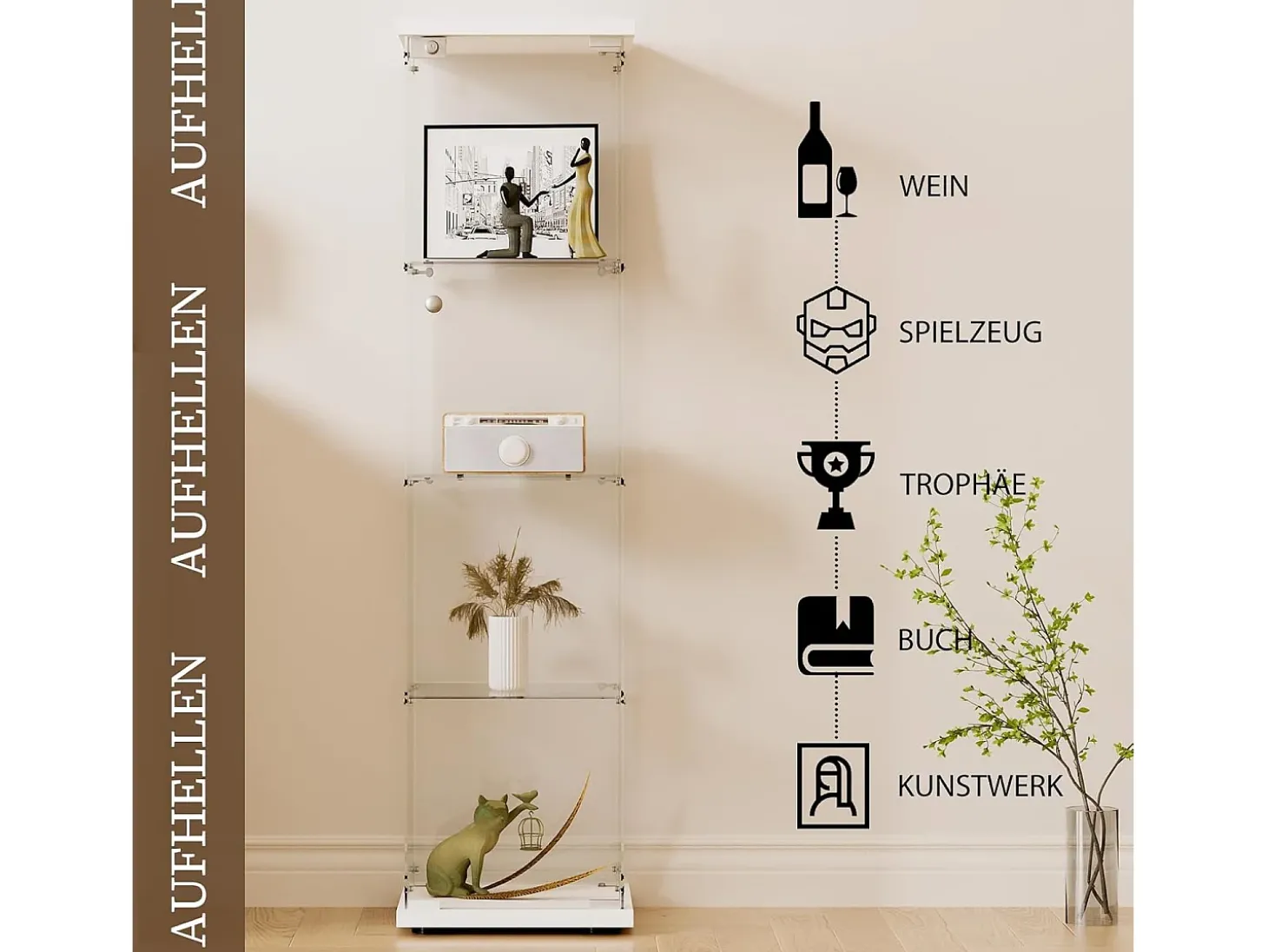 Vitrine de vidro com 4 prateleiras e 1 porta, 164x42,5x36,5 cm, armário de coleção, branco, transparente