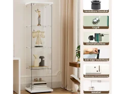 Vitrine de vidro com 4 prateleiras e 1 porta, 164x42,5x36,5 cm, armário de coleção, branco, transparente