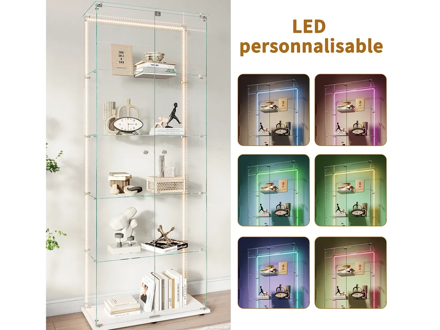 Vitrine de vidro com 5 prateleiras e iluminação LED personalizável – Base branca
