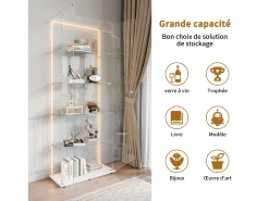 Vitrine de vidro com 5 prateleiras e iluminação LED personalizável – Base branca