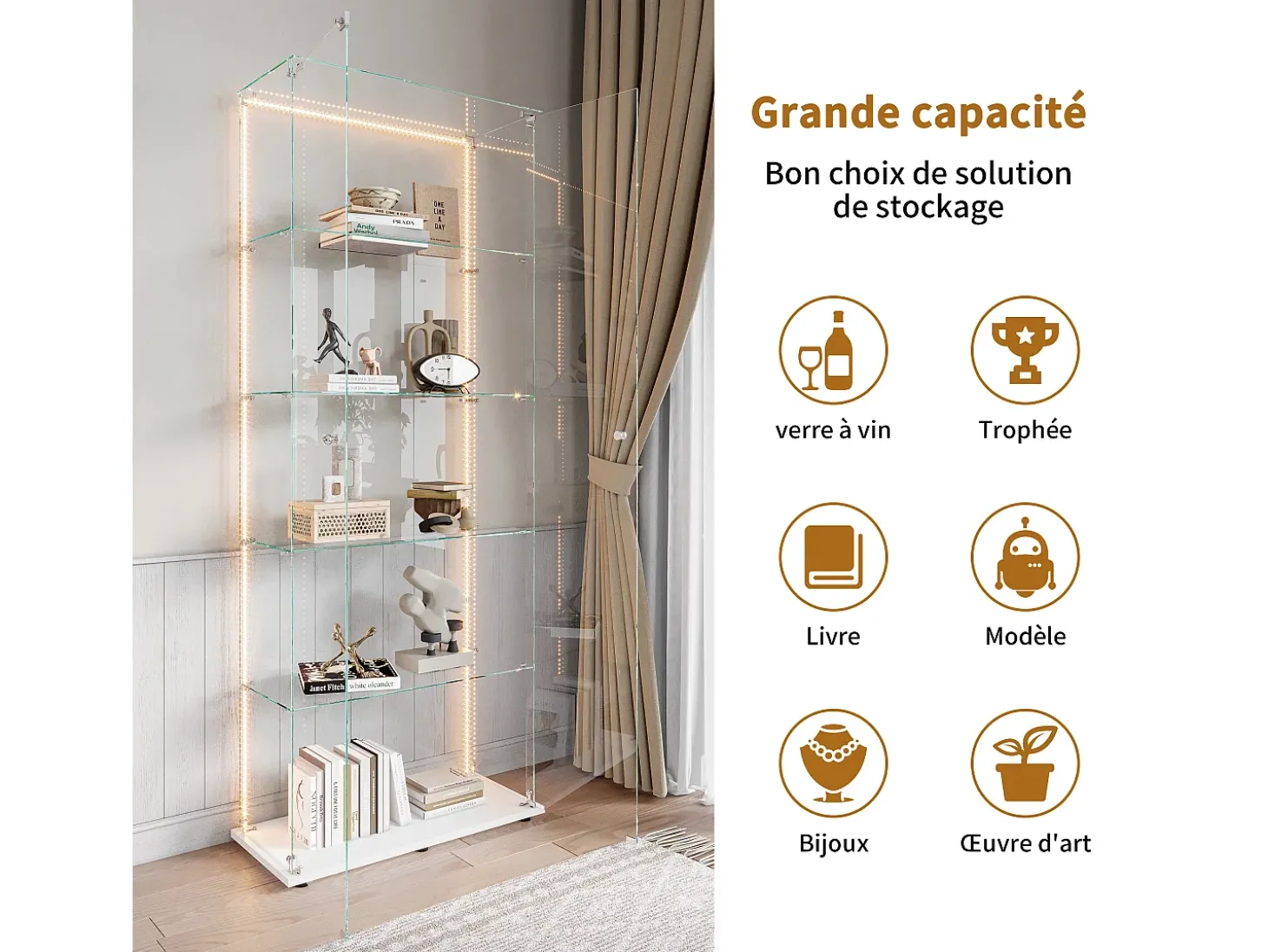 Vitrine de vidro com 5 prateleiras e iluminação LED personalizável – Base branca