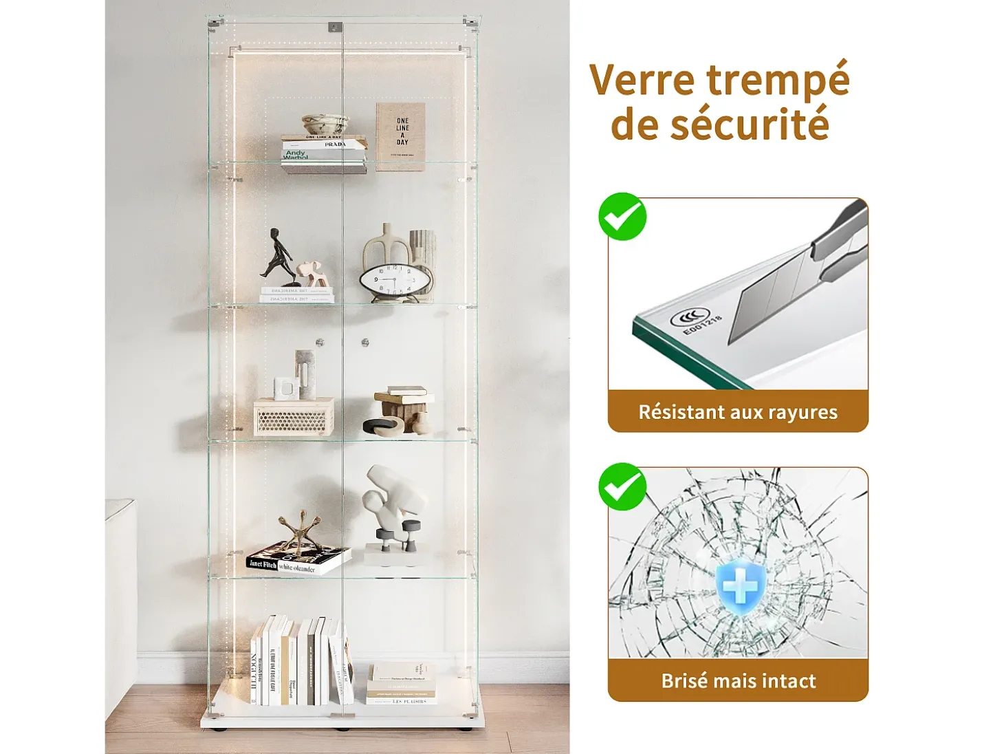 Vitrine de vidro com 5 prateleiras e iluminação LED personalizável – Base branca
