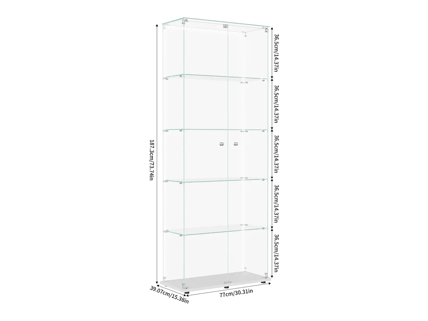 Vitrine de vidro com 5 prateleiras e iluminação LED personalizável – Base branca