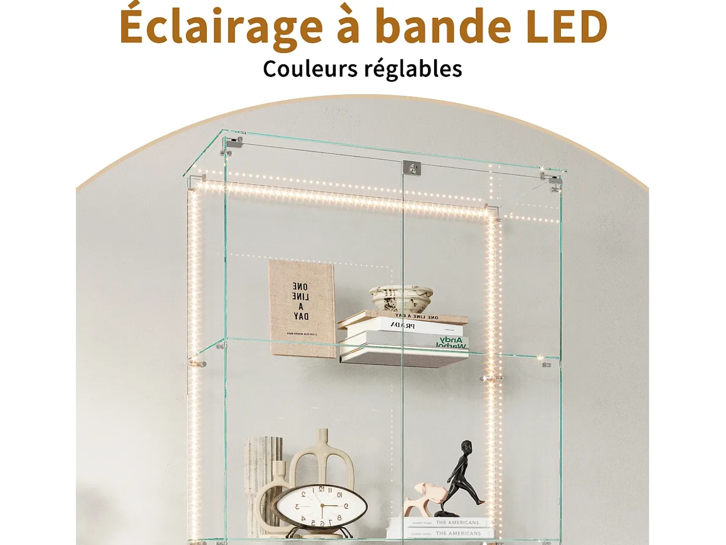Vitrine de vidro com 5 prateleiras e iluminação LED personalizável – Base branca