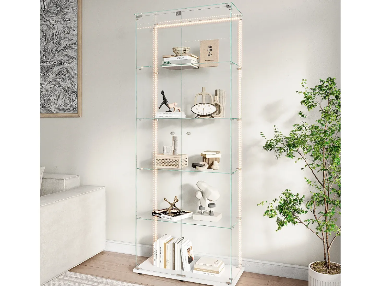 Vitrine de vidro com 5 prateleiras e iluminação LED personalizável – Base branca