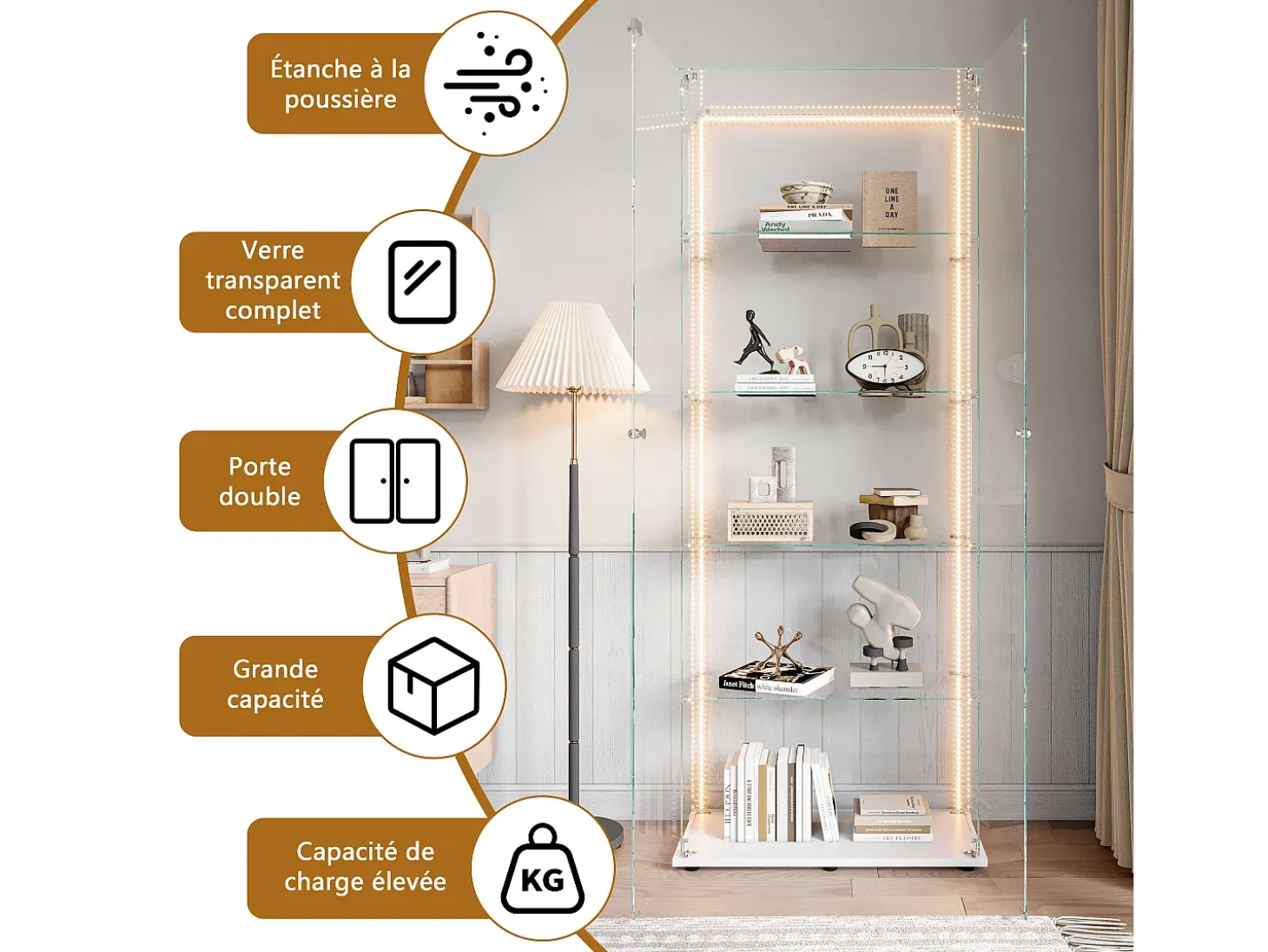 Vitrine de vidro com 5 prateleiras e iluminação LED personalizável – Base branca