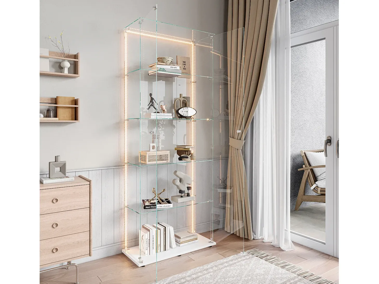 Vitrine de vidro com 5 prateleiras e iluminação LED personalizável – Base branca