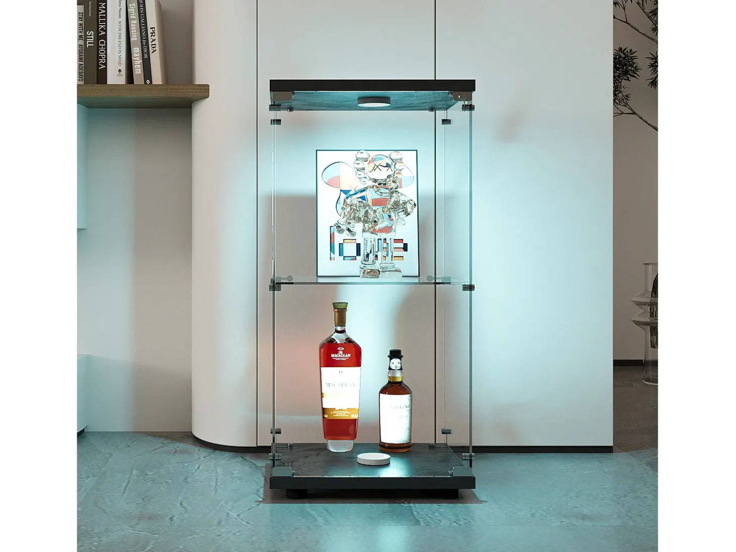 Vitrine de vidro com 2 prateleiras, vitrine de vidro com luzes LED e portas, 86x40x36 cm, preta