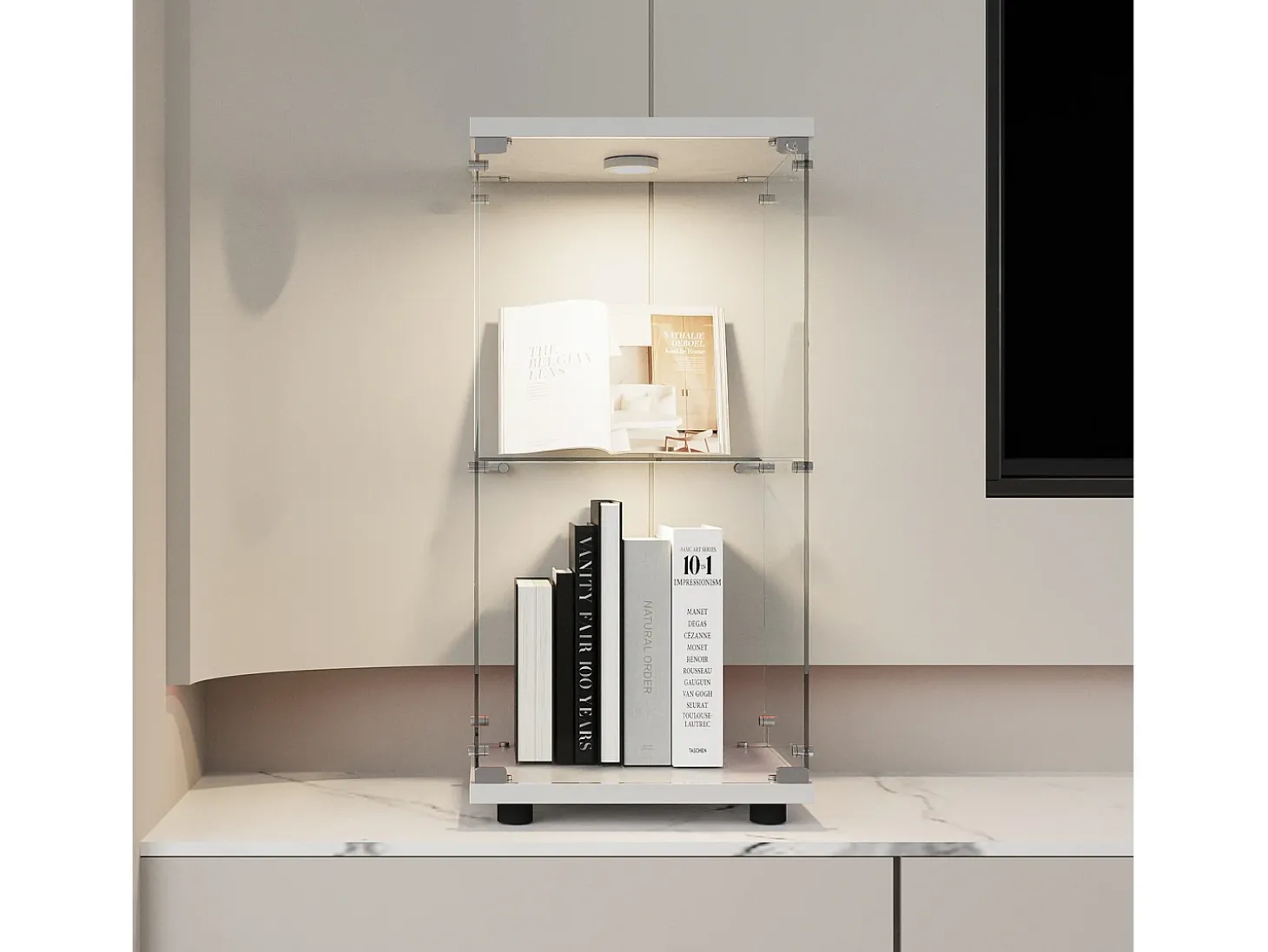 Vitrine de vidro com 2 prateleiras, vitrine de vidro com luzes LED e portas, 86x40x36 cm, branca