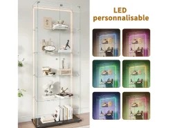 Vitrine de vidro com 5 prateleiras e iluminação LED personalizável – Base preta