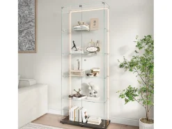 Vitrine de vidro com 5 prateleiras e iluminação LED personalizável – Base preta
