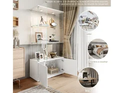 Vitrine de vidro com 3 prateleiras, armários e iluminação LED – Design moderno branco