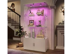 Vitrine de vidro com 3 prateleiras, armários e iluminação LED – Design moderno branco