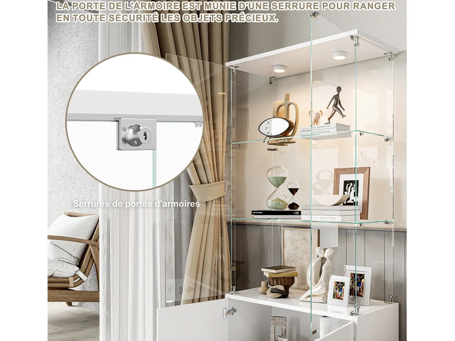 Vitrine de vidro com 3 prateleiras, armários e iluminação LED – Design moderno branco