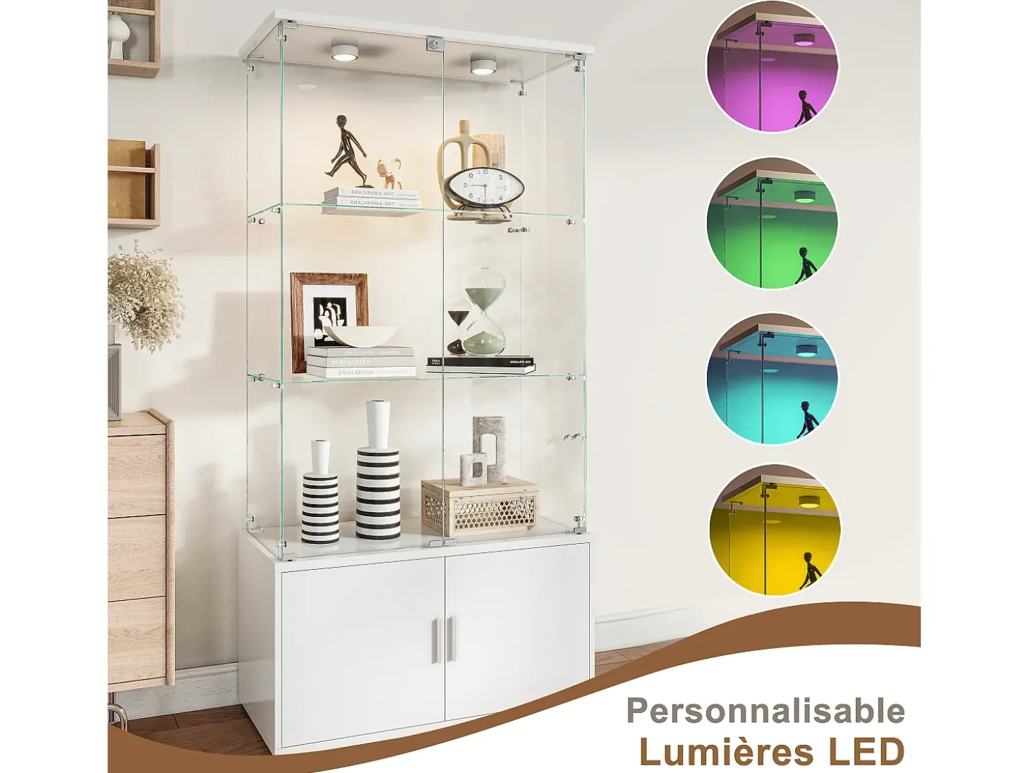 Vitrine de vidro com 3 prateleiras, armários e iluminação LED – Design moderno branco