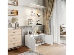 Vitrine de vidro com 3 prateleiras, armários e iluminação LED – Design moderno branco