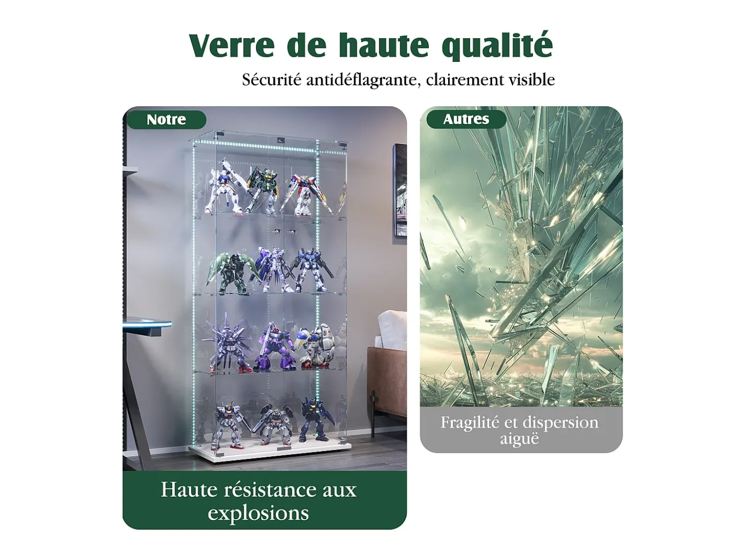 Vitrine de vidro com iluminação LED, 4 prateleiras e 2 portas, 78x35x163 cm, branca.