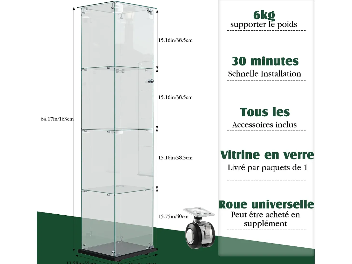 Vitrine de vidro com iluminação LED acionável por toque, portas e prateleiras com fechadura, 163x40x35 cm, preta
