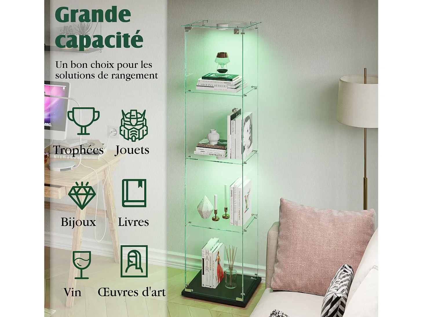 Vitrine de vidro com iluminação LED acionável por toque, portas e prateleiras com fechadura, 163x40x35 cm, preta