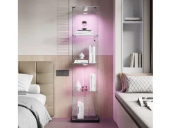 Vitrine de vidro com iluminação LED acionável por toque, portas e prateleiras com fechadura, 163x40x35 cm, preta