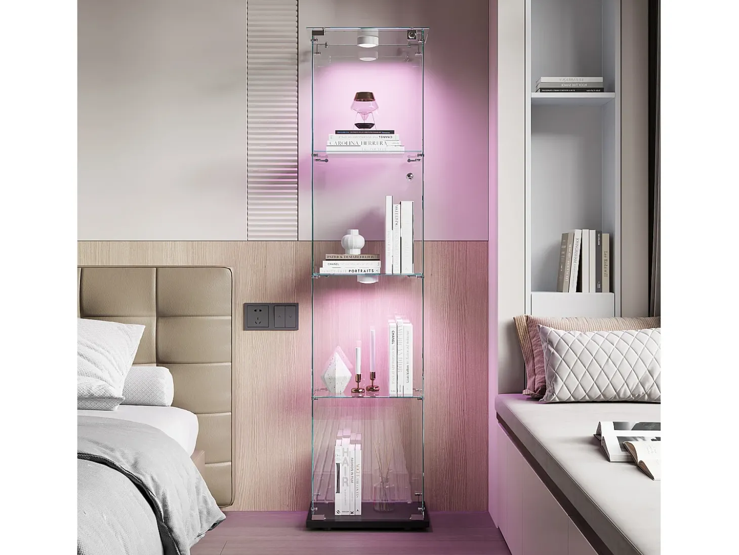 Vitrine de vidro com iluminação LED acionável por toque, portas e prateleiras com fechadura, 163x40x35 cm, preta