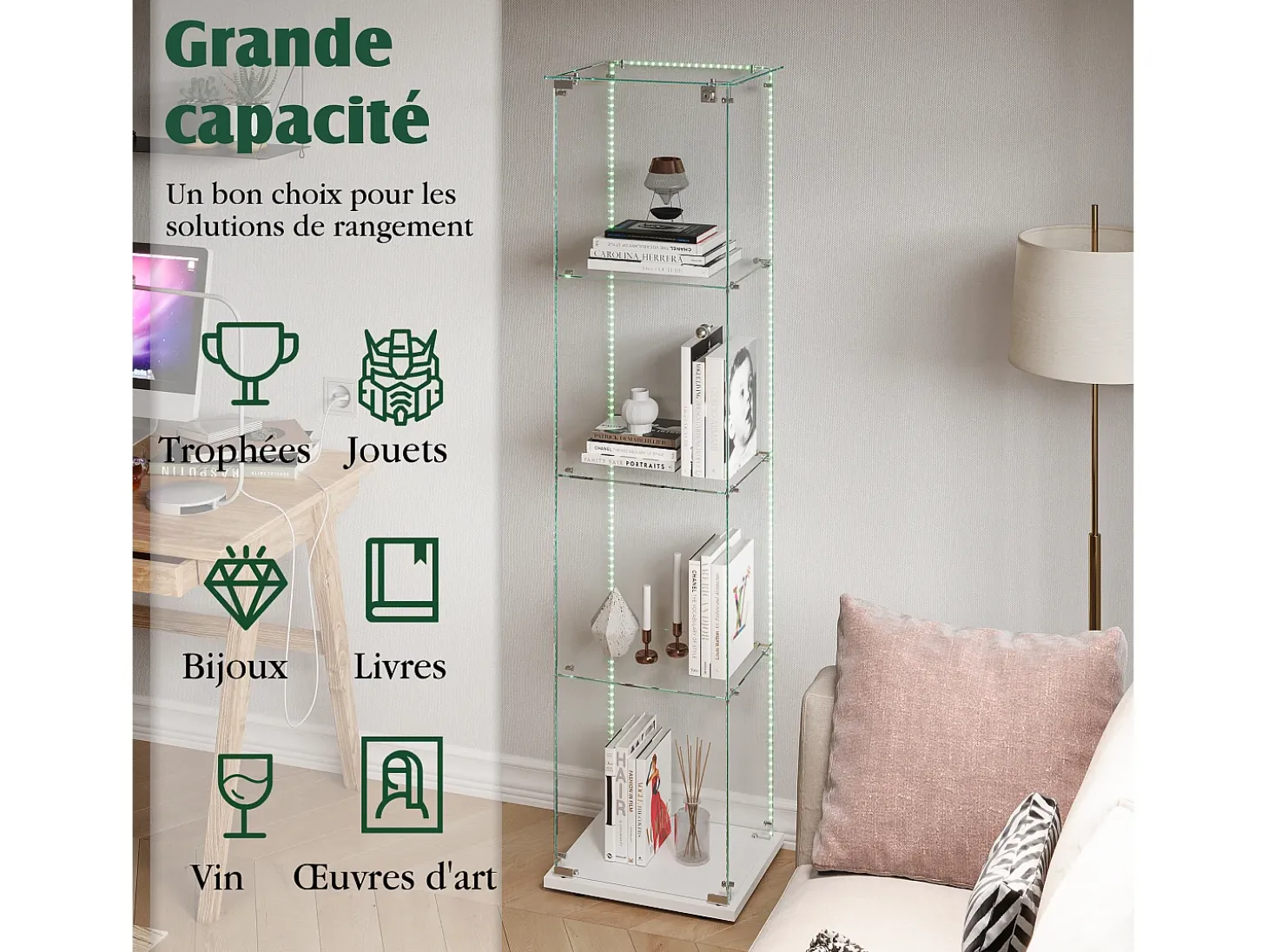 Vitrine de vidro com iluminação LED, portas e prateleiras com fechadura, ideal para sala de estar/bar, 163x40x35 cm, branca.
