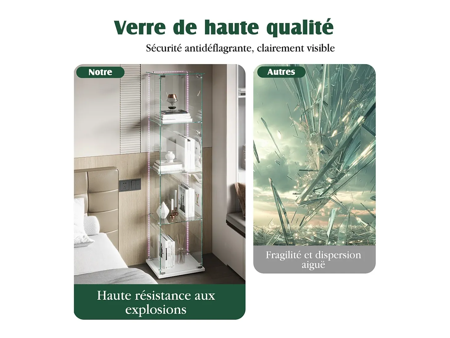 Vitrine de vidro com iluminação LED, portas e prateleiras com fechadura, ideal para sala de estar/bar, 163x40x35 cm, branca.